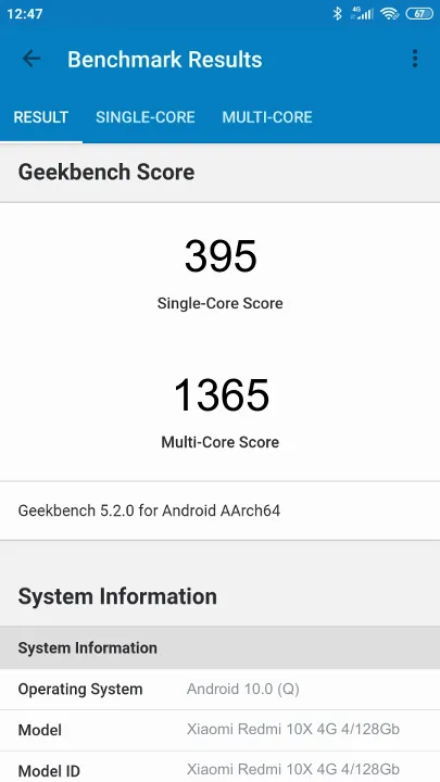 Pontuações do Xiaomi Redmi 10X 4G 4/128Gb Geekbench Benchmark