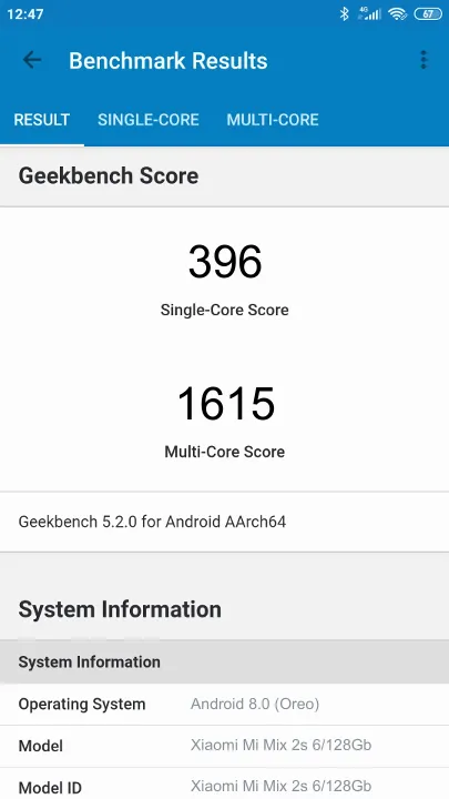 Xiaomi Mi Mix 2s 6/128Gb Geekbench Benchmark-Ergebnisse