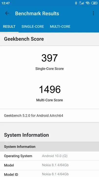 Nokia 8.1 4/64Gb的Geekbench Benchmark测试得分