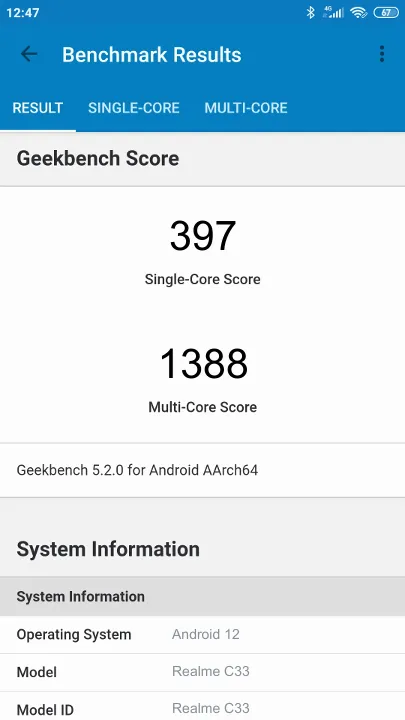 نتائج اختبار Realme C33 3/32GB Geekbench المعيارية