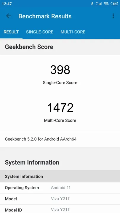 Vivo Y21T Geekbench benchmark score results