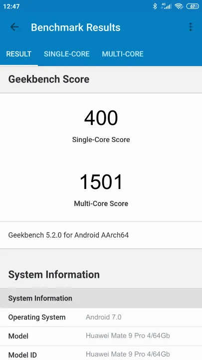 Wyniki testu Huawei Mate 9 Pro 4/64Gb Geekbench Benchmark