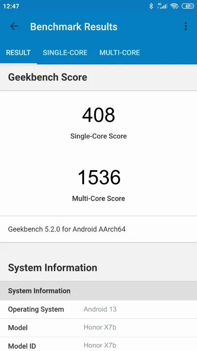 Punteggi Honor X7b Geekbench Benchmark