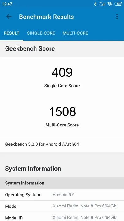 Xiaomi Redmi Note 8 Pro 6/64Gb Geekbench benchmark: classement et résultats scores de tests