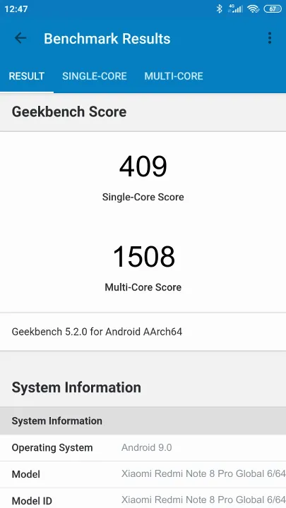 Xiaomi Redmi Note 8 Pro Global 6/64Gb Geekbench benchmark score results