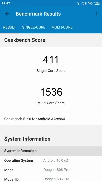 Wyniki testu Doogee S96 Pro Geekbench Benchmark