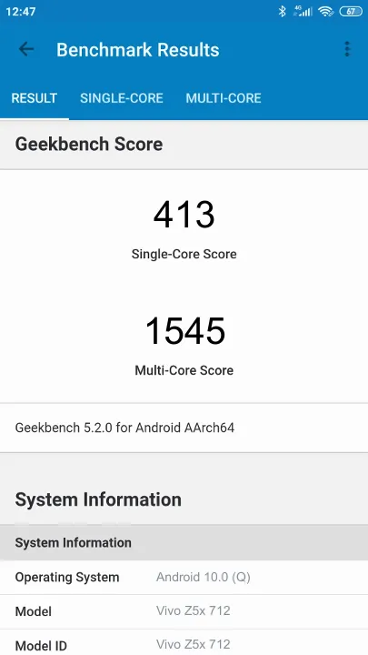 Vivo Z5x 712 Geekbench benchmark: classement et résultats scores de tests