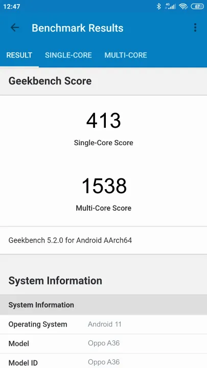 Pontuações do Oppo A36 Geekbench Benchmark