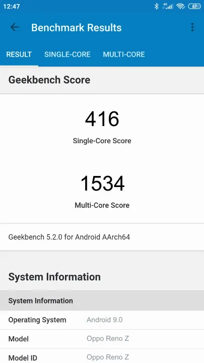 Oppo Reno Z Geekbench benchmark: classement et résultats scores de tests
