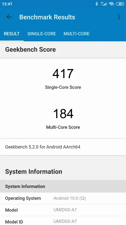 UMIDIGI A7的Geekbench Benchmark测试得分