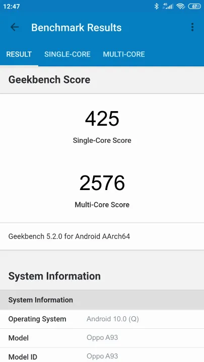 Oppo A93 Geekbench benchmark score results