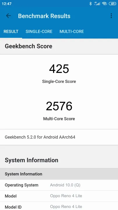 Oppo Reno 4 Lite Geekbench benchmark score results