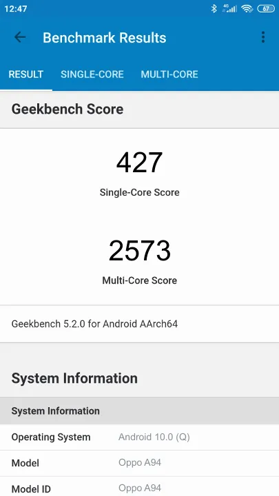 Wyniki testu Oppo A94 Geekbench Benchmark