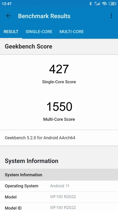 IIIF150 R2022 Geekbench benchmark: classement et résultats scores de tests