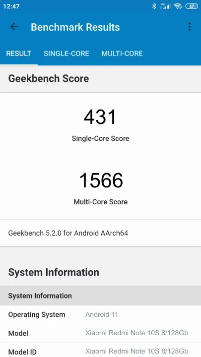 Wyniki testu Xiaomi Redmi Note 10S 8/128Gb Geekbench Benchmark