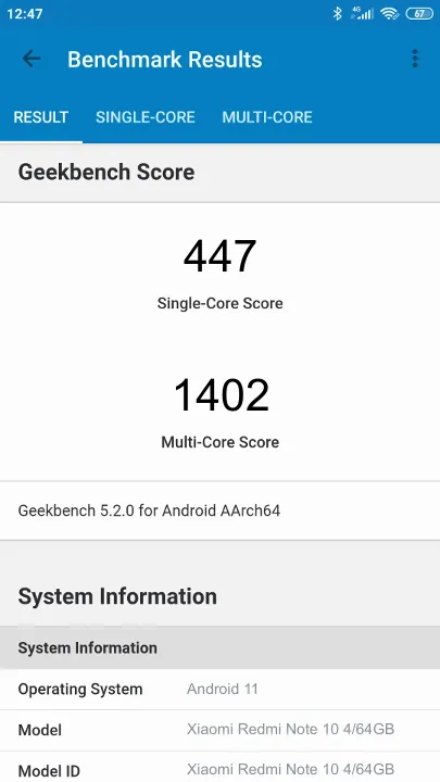 Wyniki testu Xiaomi Redmi Note 10 4/64GB Geekbench Benchmark
