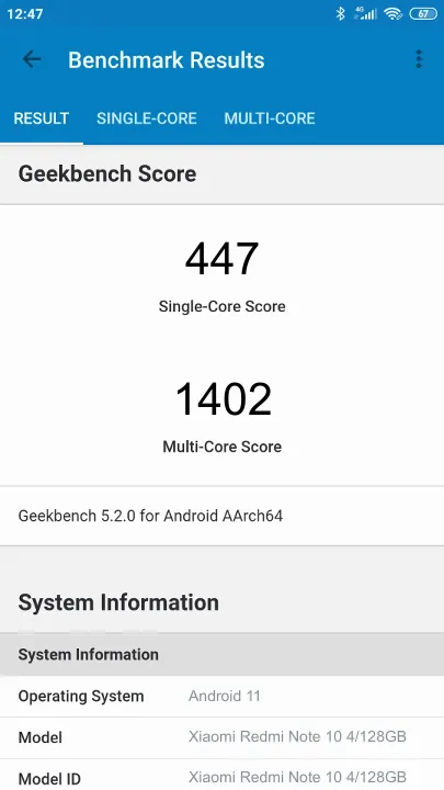 Βαθμολογία Xiaomi Redmi Note 10 4/128GB Geekbench Benchmark