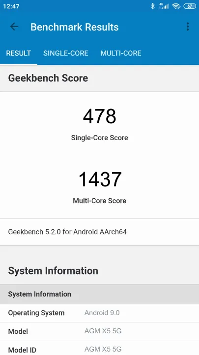 Pontuações do AGM X5 5G Geekbench Benchmark