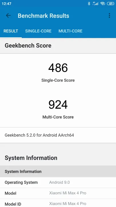 Punteggi Xiaomi Mi Max 4 Pro Geekbench Benchmark