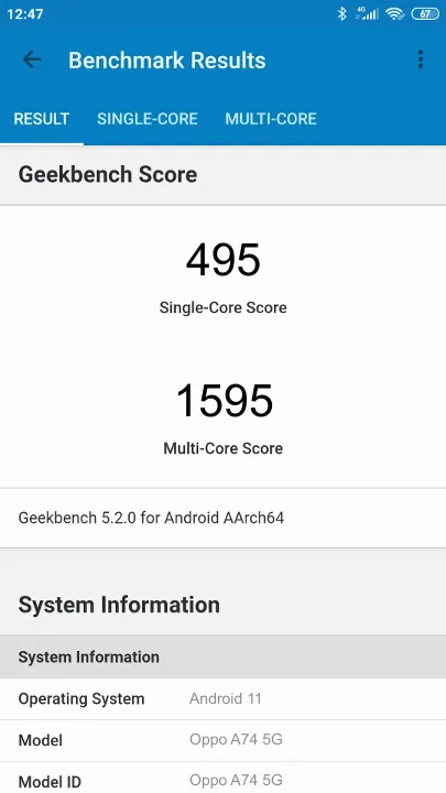 Oppo A74 5G poeng for Geekbench-referanse