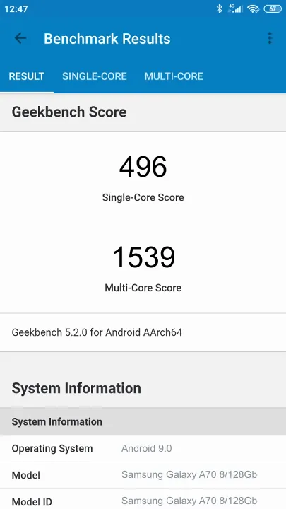 Pontuações do Samsung Galaxy A70 8/128Gb Geekbench Benchmark