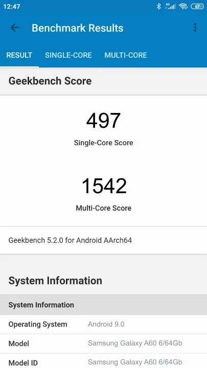 Βαθμολογία Samsung Galaxy A60 6/64Gb Geekbench Benchmark