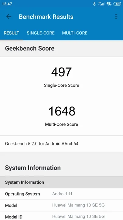 Pontuações do Huawei Maimang 10 SE 5G Geekbench Benchmark