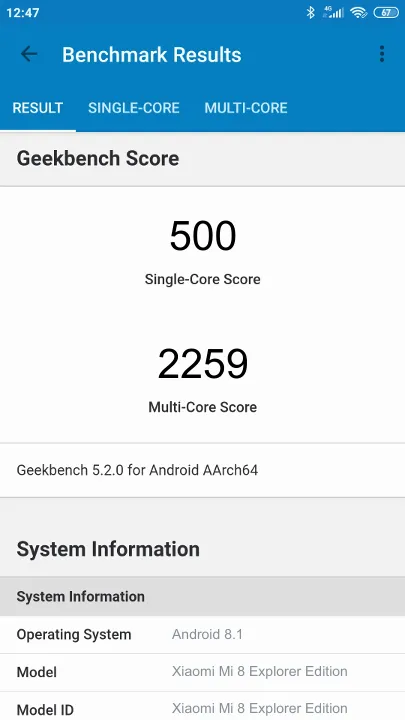 Βαθμολογία Xiaomi Mi 8 Explorer Edition Geekbench Benchmark