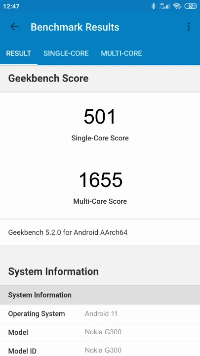 Nokia G300 Geekbench Benchmark-Ergebnisse