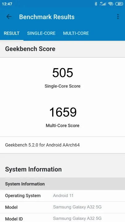 Βαθμολογία Samsung Galaxy A32 5G Geekbench Benchmark