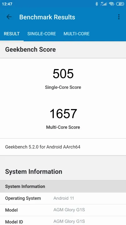 AGM Glory G1S Geekbench benchmark score results