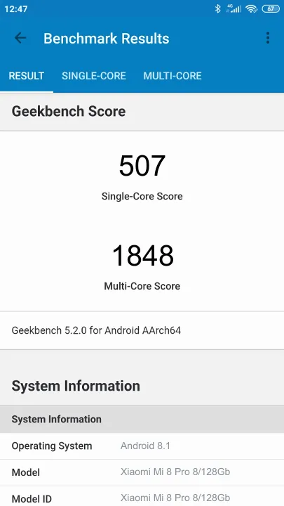Punteggi Xiaomi Mi 8 Pro 8/128Gb Geekbench Benchmark