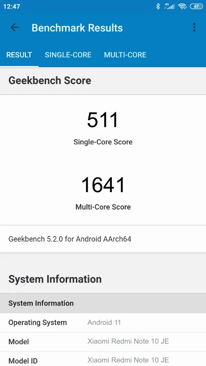 Βαθμολογία Xiaomi Redmi Note 10 JE Geekbench Benchmark
