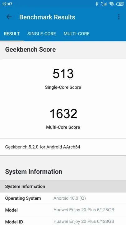 Huawei Enjoy 20 Plus 6/128GB Geekbench benchmark ranking