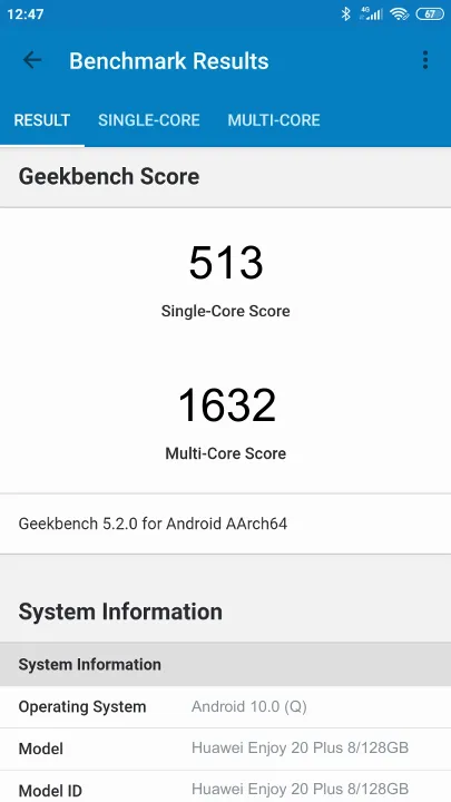 Pontuações do Huawei Enjoy 20 Plus 8/128GB Geekbench Benchmark