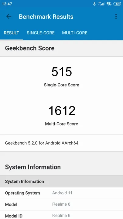 Realme 8 Geekbench benchmarkresultat-poäng
