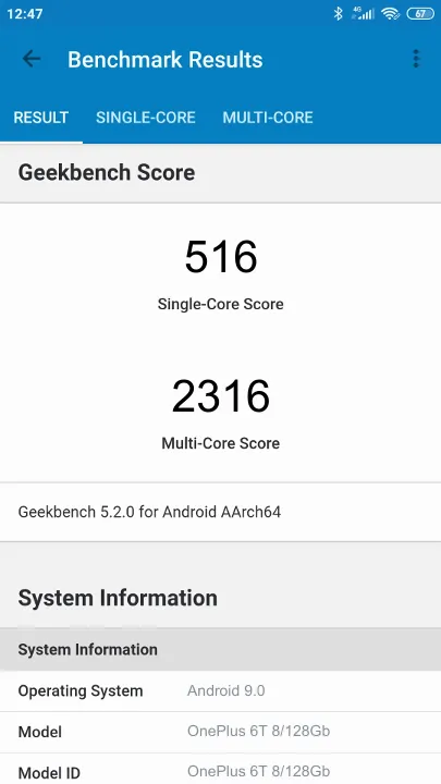 Wyniki testu OnePlus 6T 8/128Gb Geekbench Benchmark