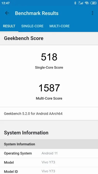 Wyniki testu Vivo Y73 Geekbench Benchmark