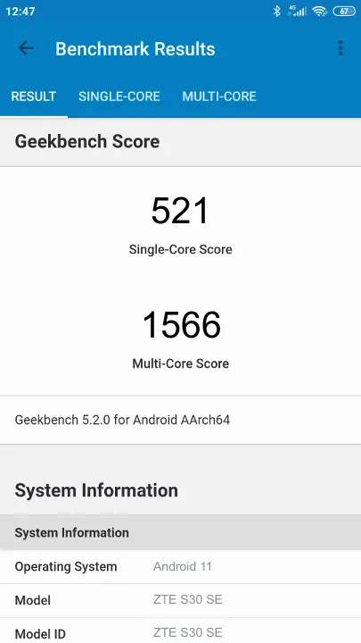 Test ZTE S30 SE Geekbench Benchmark