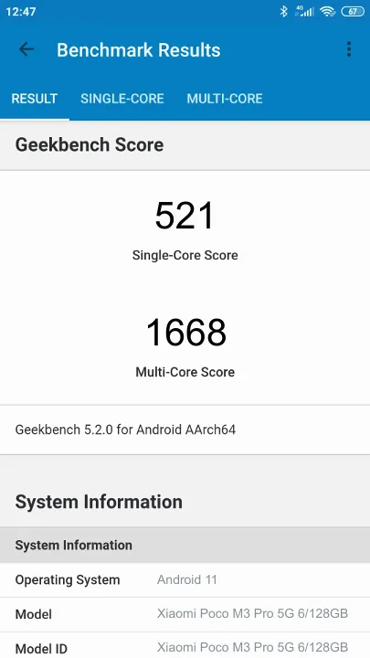Pontuações do Xiaomi Poco M3 Pro 5G 6/128GB Geekbench Benchmark