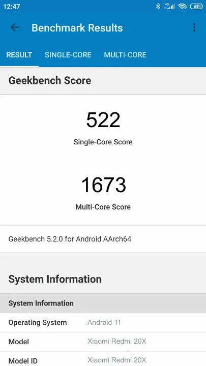 Pontuações do Xiaomi Redmi 20X Geekbench Benchmark