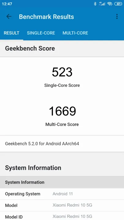 Xiaomi Redmi 10 5G 4/64GB Geekbench benchmarkresultat-poäng
