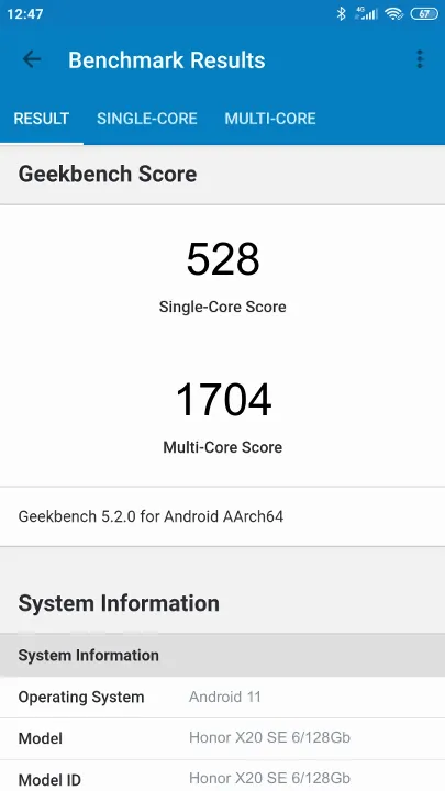 Wyniki testu Honor X20 SE 6/128Gb Geekbench Benchmark