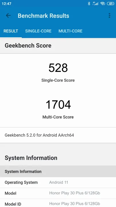 نتائج اختبار Honor Play 30 Plus 6/128Gb Geekbench المعيارية