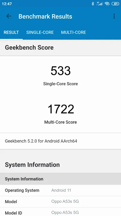 Oppo A53s 5G的Geekbench Benchmark测试得分