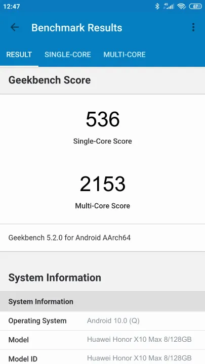 Wyniki testu Huawei Honor X10 Max 8/128GB Geekbench Benchmark
