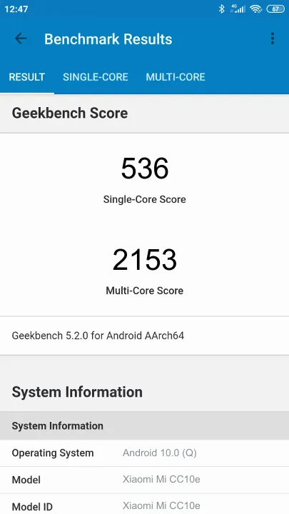 Xiaomi Mi CC10e Geekbench Benchmark testi