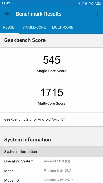 Βαθμολογία Realme 6 8/128Gb Geekbench Benchmark