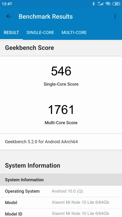 Pontuações do Xiaomi Mi Note 10 Lite 6/64Gb Geekbench Benchmark