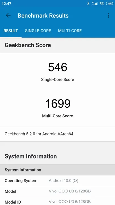 Pontuações do Vivo iQOO U3 6/128GB Geekbench Benchmark
